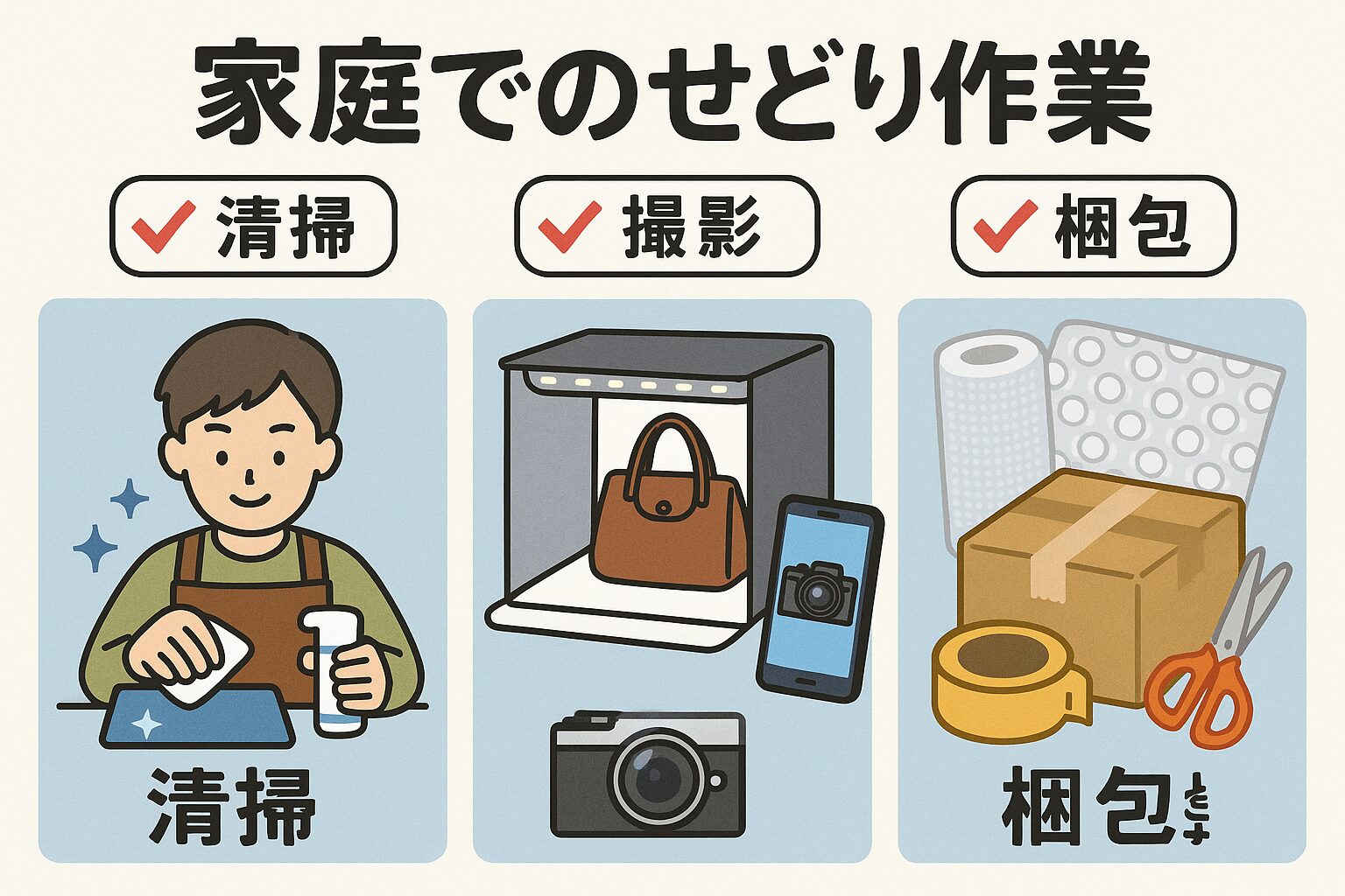 せどり自宅作業の流れとポイントを図解したイラスト
