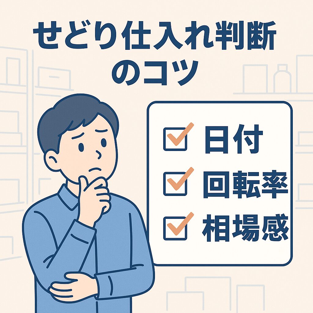 「せどり仕入れの基準として日付・回転率・相場感を確認することを示す解説イラスト」
